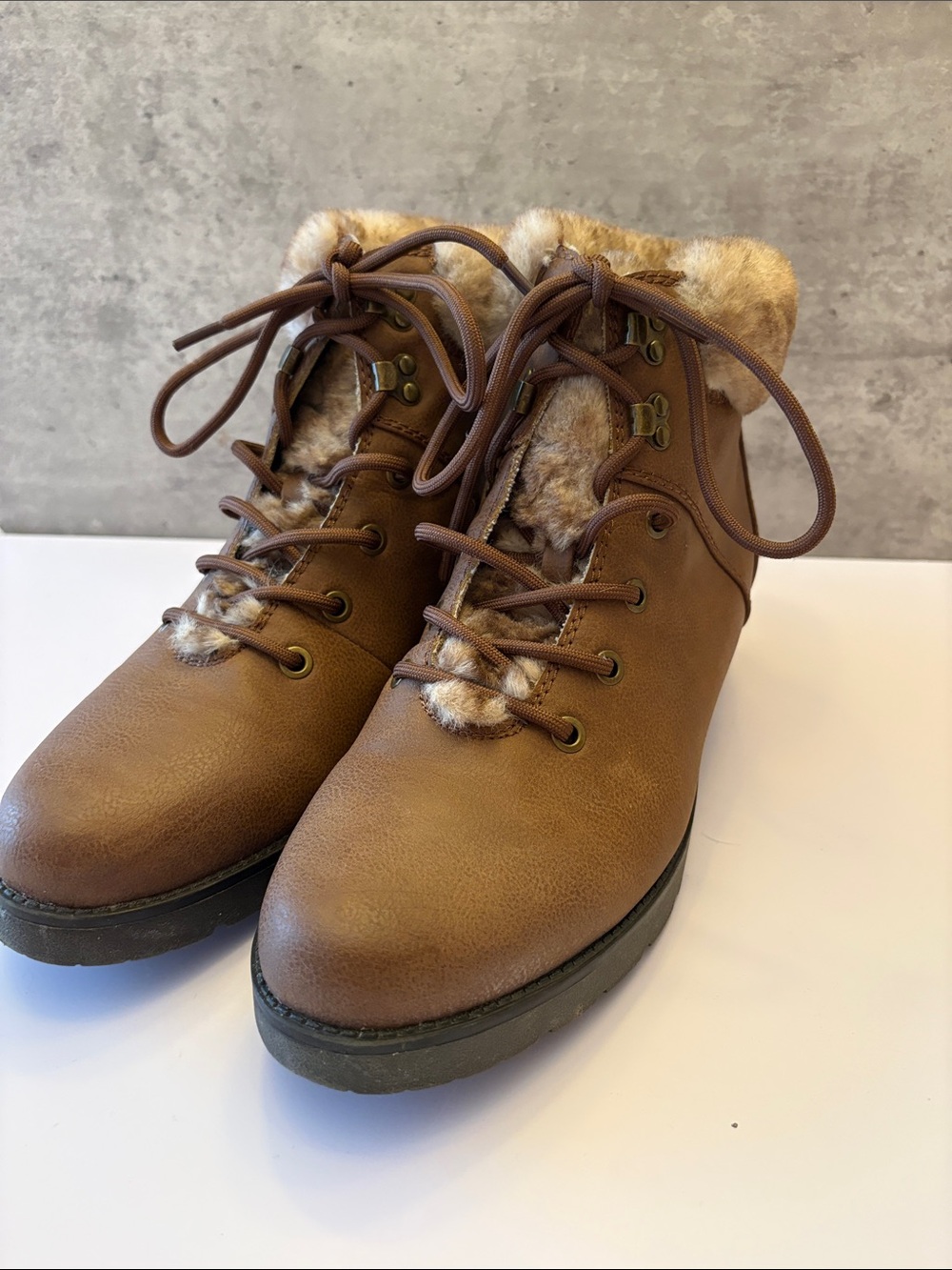 Soul Naturalizer Faux-Fur Trim 9.5 Brown Women's Winter Lace-Up Ankle Boots